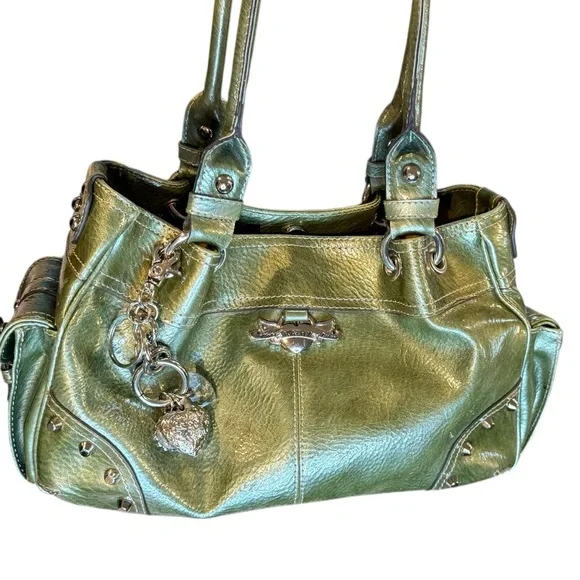 Kathy Van Zeeland Purse Metallic Green Silver Charm Satchel Bag - Picture 8 of 16